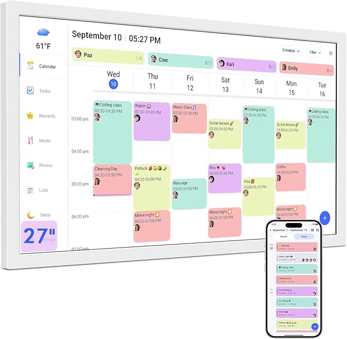 27 Inch Digital Calendar Max, Smart Chore Chart Electronic Weekly and Monthly Planner 1920 * 1080P IPS Display Wall