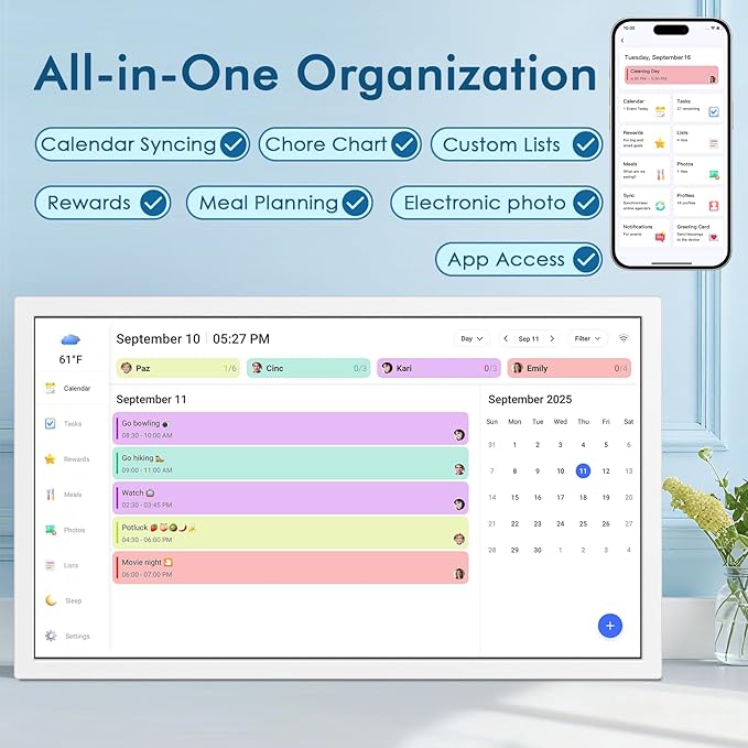 27 Inch Digital Calendar Max, Smart Chore Chart Electronic Weekly and Monthly Planner 1920 * 1080P IPS Display Wall