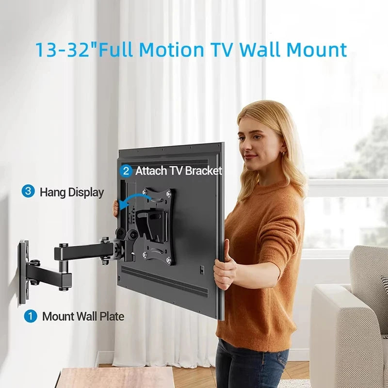 Swivel Tilt Rotation TV Wall Mount Full Motion Articulating Bracket for Most 10-32 Inch Flat Curved TVs Home Office Use